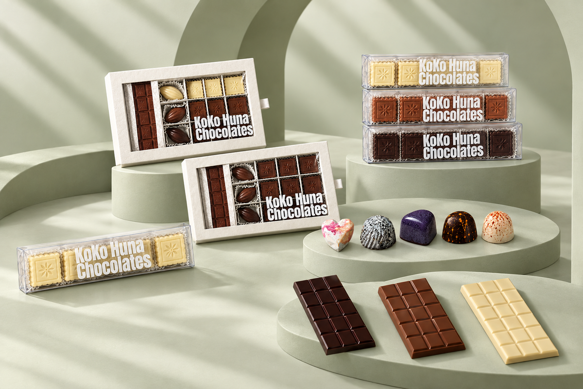 KoKo Huna Chocolates handmade bonbon boxes and chocolate bars display
