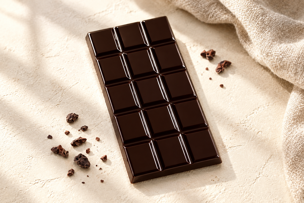 Bar of dark chocolate on a light surface with cacao nibs and linen fabric.