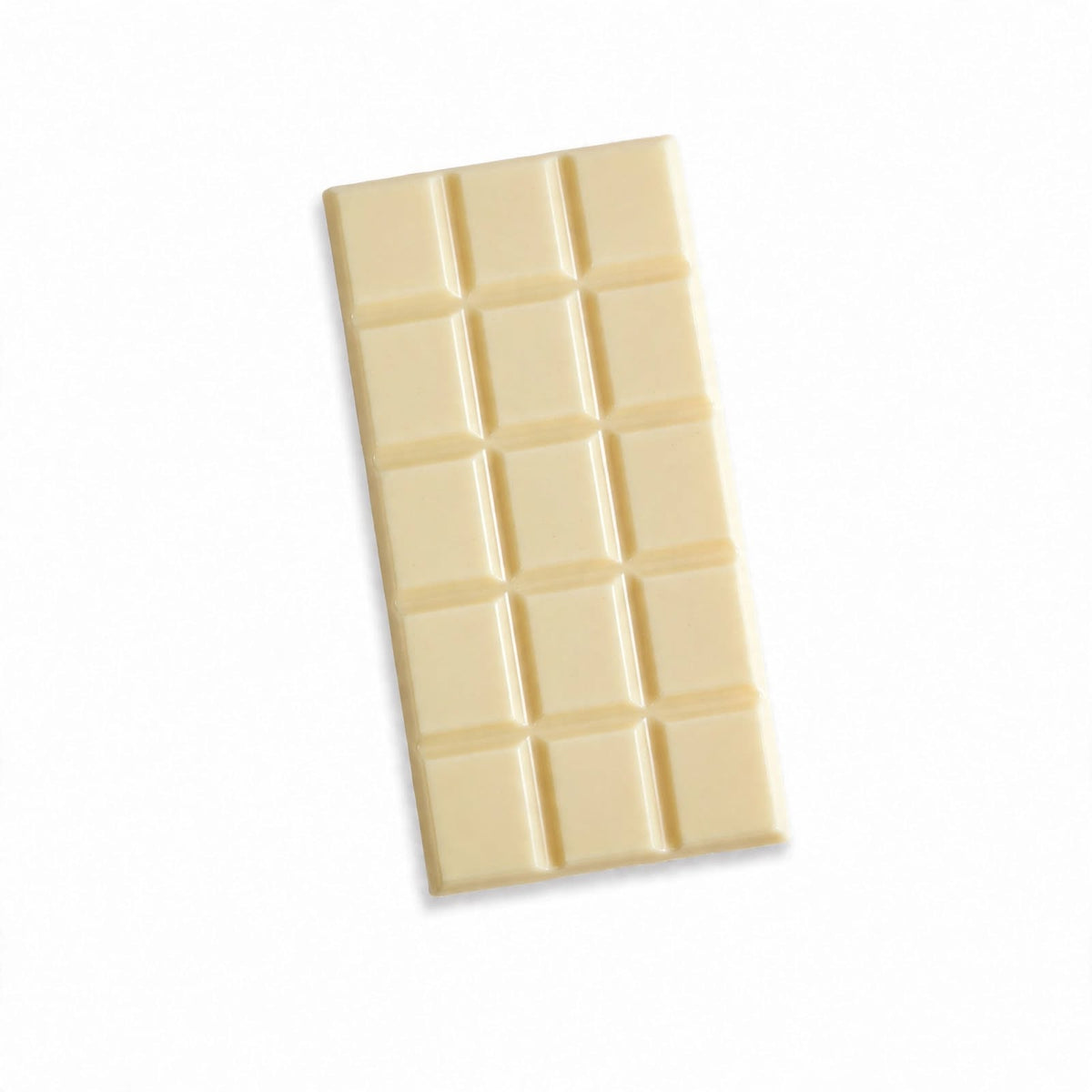 A single rectangular white chocolate bar with a grid of ten square sections, photographed on a clean white background.