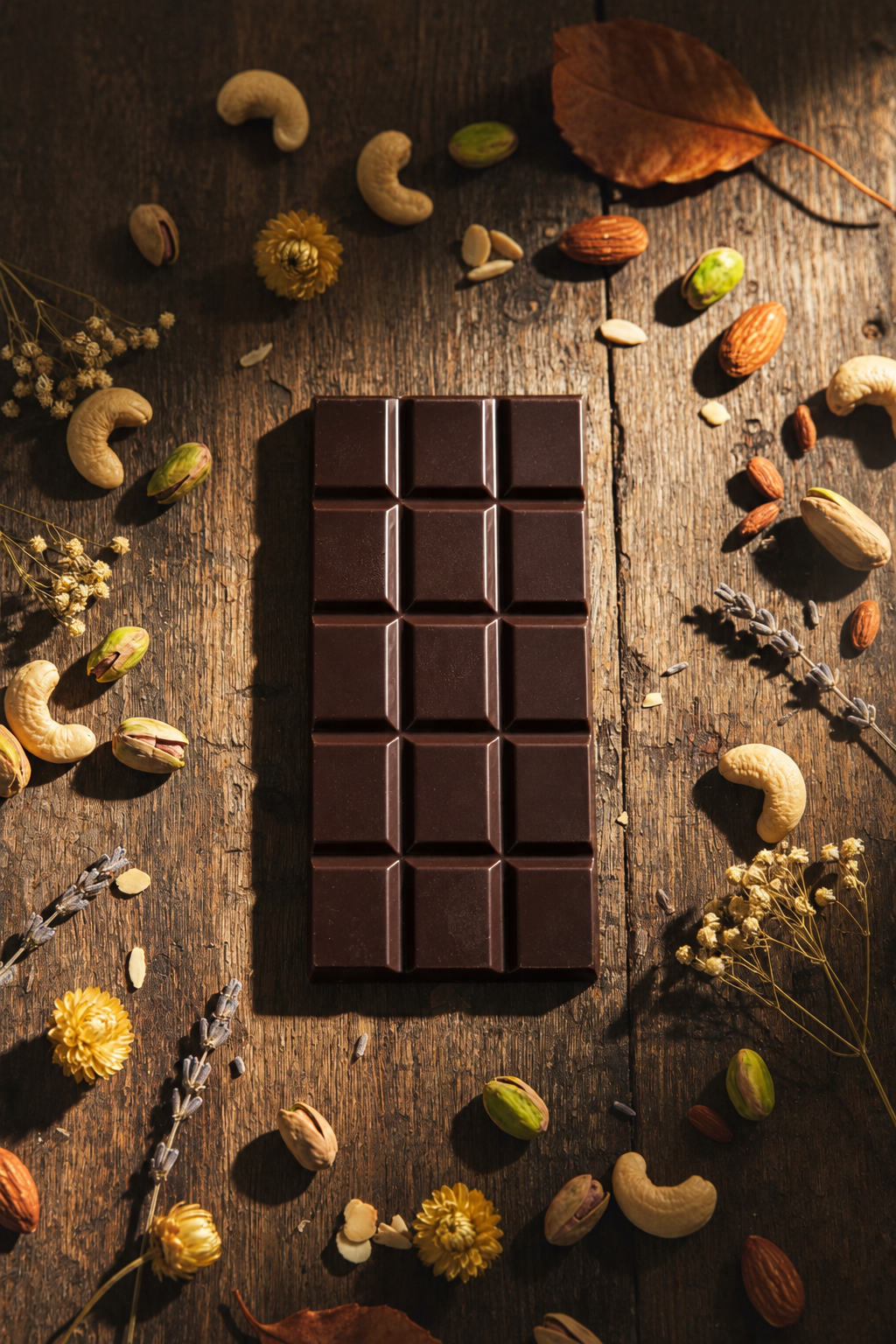 KoKo Huna handmade dark chocolate bar with almonds, cashews and pistachios