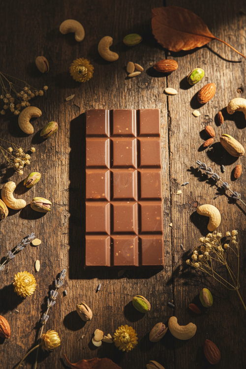 Golden Harvest milk chocolate bar with cashew, pistachio and almond by KoKo Huna
