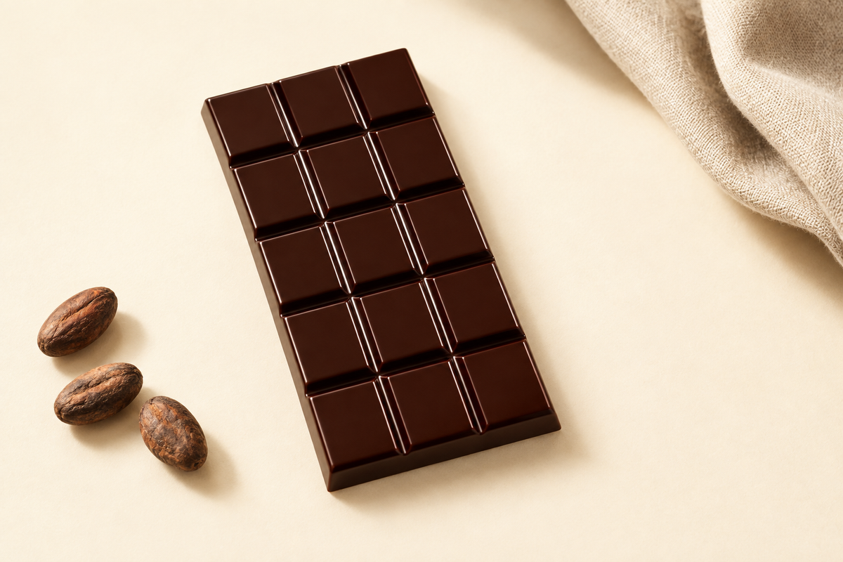 46.5% dark chocolate bar with whole cacao beans on a cream background.