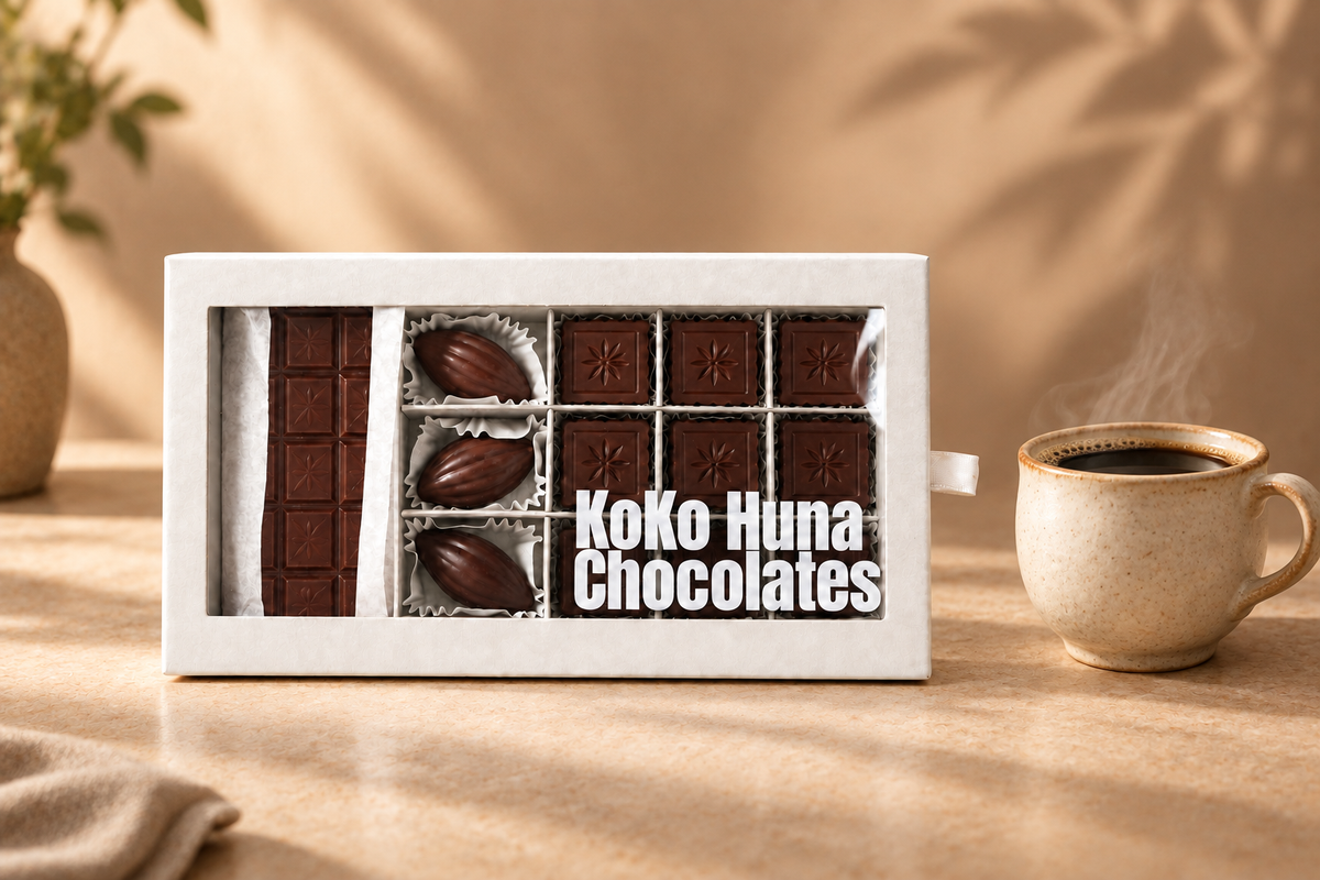 Handmade dark chocolates with peanut praline filling by KoKo Huna