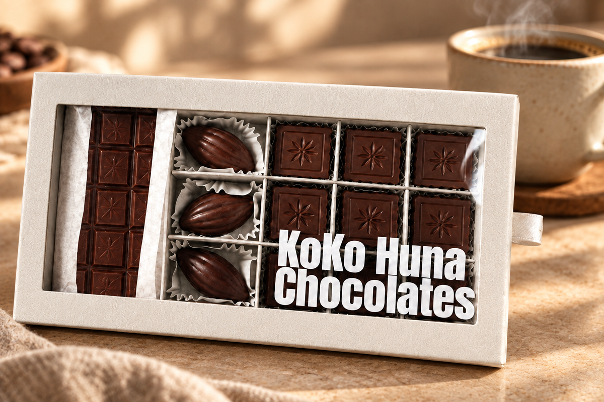 Dark chocolate praline box by KoKo Huna, gift-ready packaging