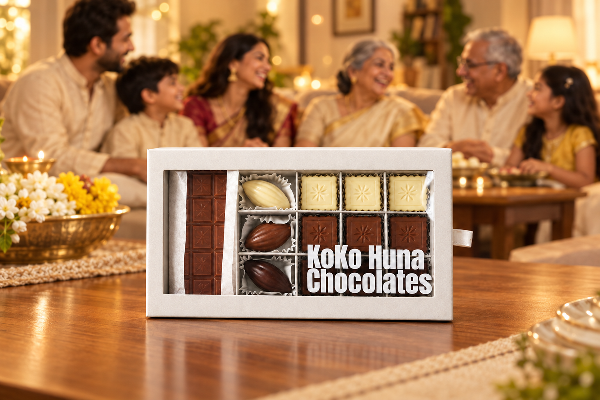 Assorted handmade chocolates in the Family Fusion gift box by KoKo Huna
