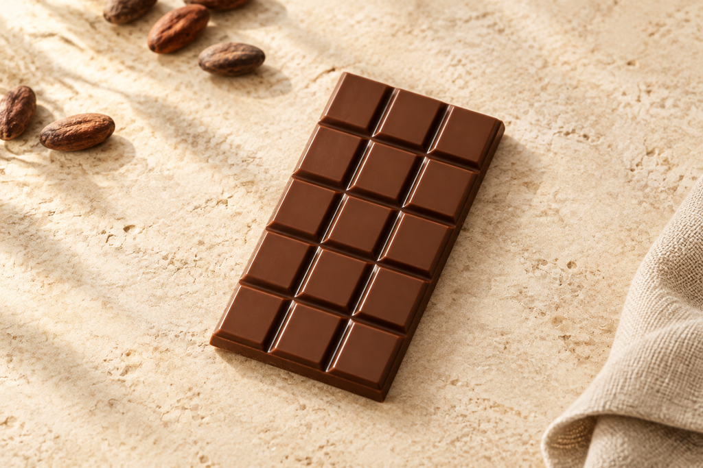 A rectangular chocolate bar with a 4-by-3 grid of dark brown squares, placed diagonally on a textured beige stone surface with cocoa beans and a folded linen cloth nearby.