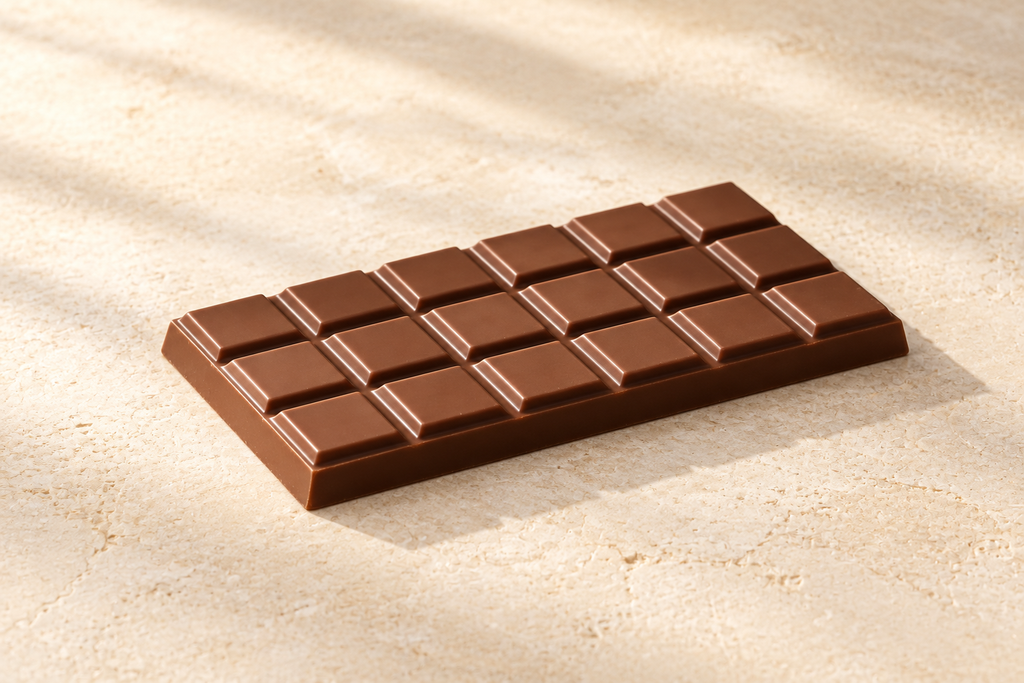 A chocolate bar with 16 square segments, shown on a textured beige stone surface with soft diagonal shadows.