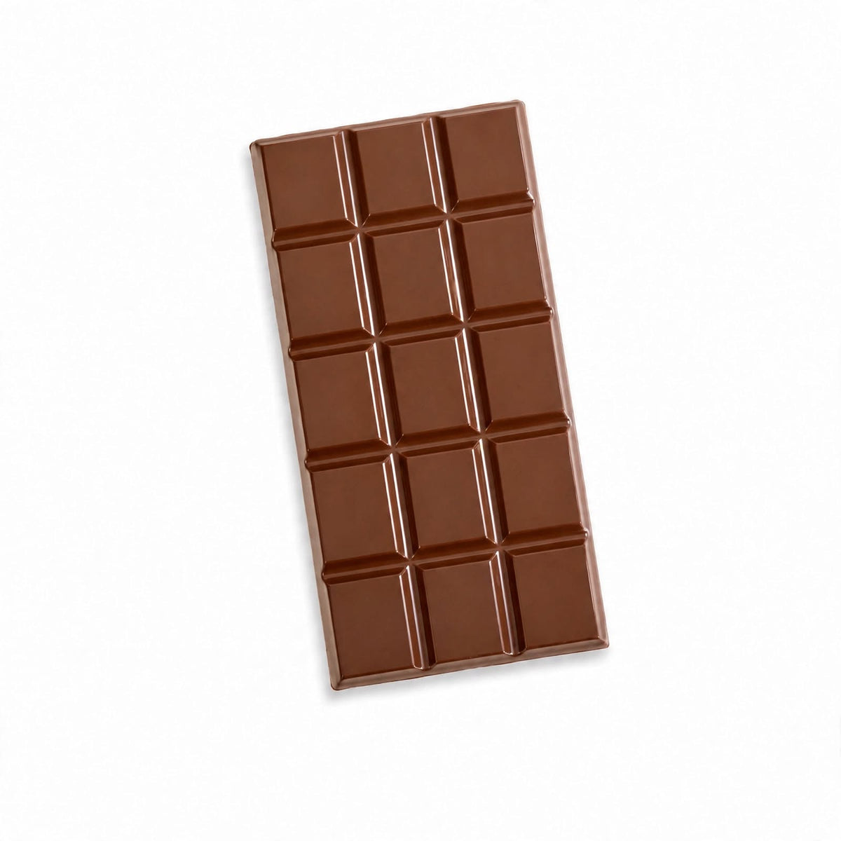 A chocolate bar with 15 square segments, shown at an angle on a plain white background.