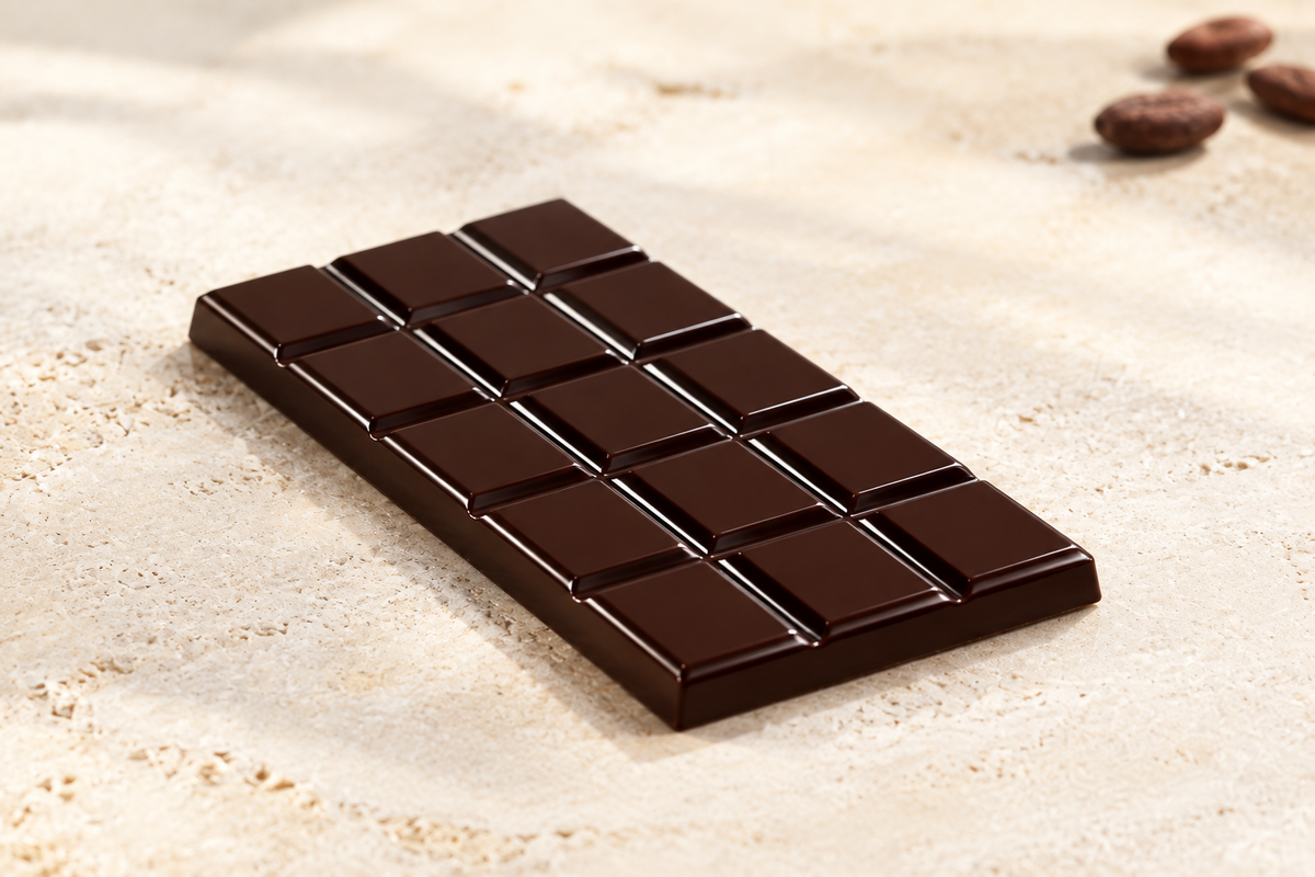 46.5% dark chocolate bar on a stone surface with cacao beans in the background.