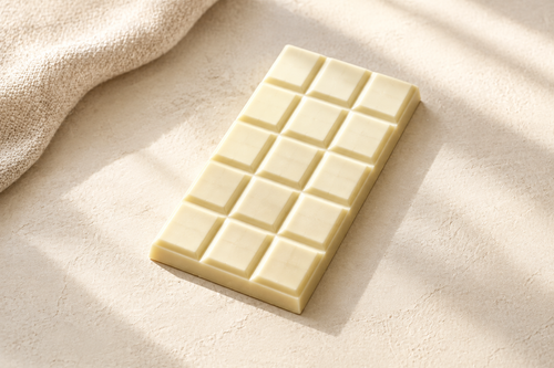 Ivory Dream by KoKo Huna white chocolate bar on warm ivory stone with cocoa beans and linen