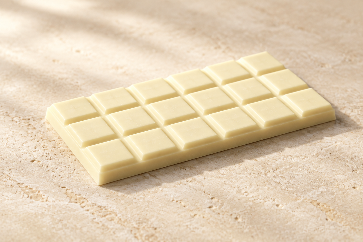 A rectangular white chocolate bar with a grid of square segments, resting on a textured beige stone surface with soft shadows.